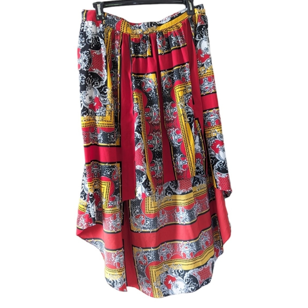 Erika Brooke Hi Low Skirt 20W Baroque Red Gold Black Elastic Waist Long Plus 2X
